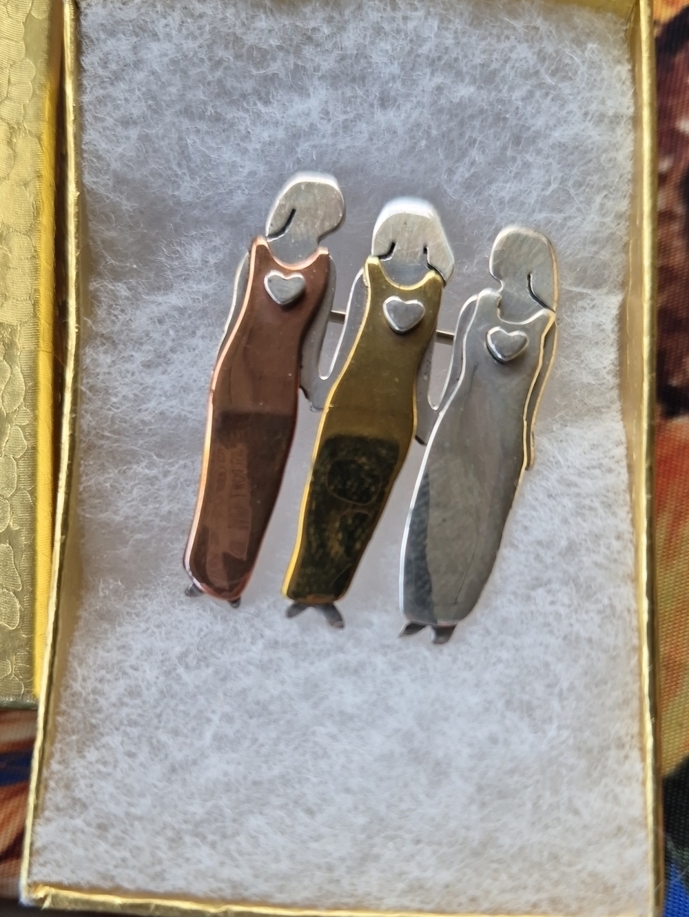 FAR FETCHED Beautiful Sisters BROOCH ♥️ Precious Metals (G, S, & B) -- Vint NEW